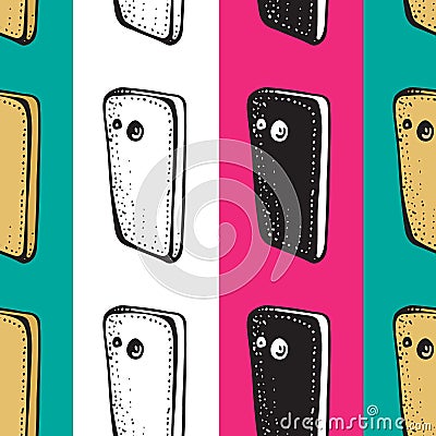 Smartphones seamless patterns. Electronic devices. Linear and silhouette mobile phones. Smartphone doodle vector Vector Illustration