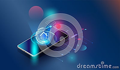 Smartphones, security controls Vector futuristic Smart home technology controlling protection system With space for content,web, Stock Photo