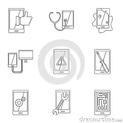 Smartphones service icon set, outline style Vector Illustration