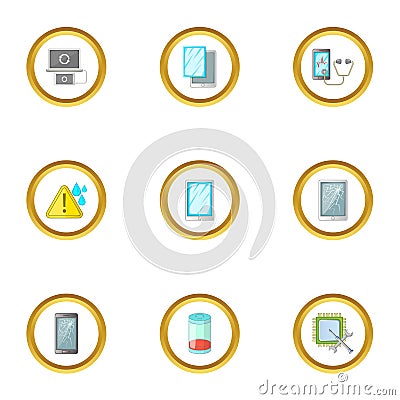 Smartphones service icons set, cartoon style Vector Illustration