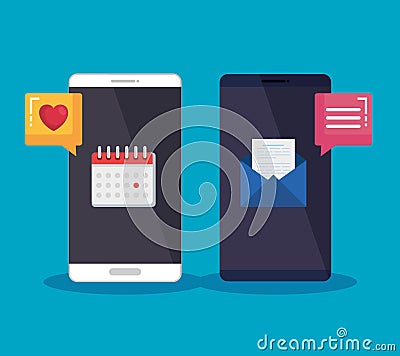 smartphones technology with chat bubble and letter media Cartoon Illustration