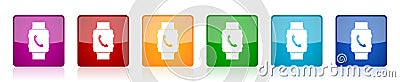 Smartwatch icon set, phone call colorful square glossy vector illustrations in 6 options for web design and mobile applications Vector Illustration