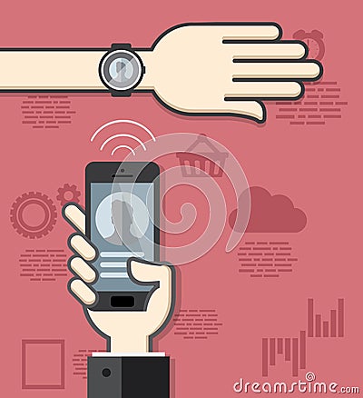 Smartwatch and smartphone communication Vector Illustration