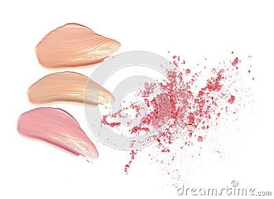 Smear makeup tone and pink cheek powder on white Stock Photo