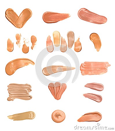 Smears of foundation for face.A smear of lipstick. Cosmetic smear of liquid. Isolated on white background Stock Photo