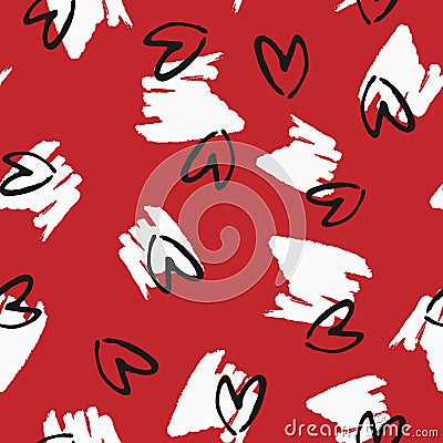 Smears and hearts drawn by hand with a rough brush. Grunge, sketch, graffiti, ink. Seamless pattern. Vector Illustration