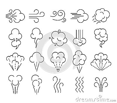 Smell icons. Wind flow, breathe aroma and puff cloud line art symbols. Smoking and breath vector illustration set Vector Illustration