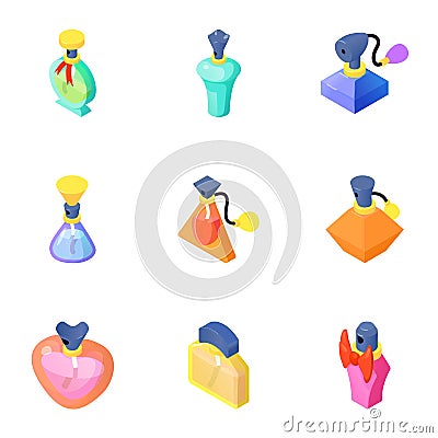 Smell of perfume icons set, isometric style Vector Illustration