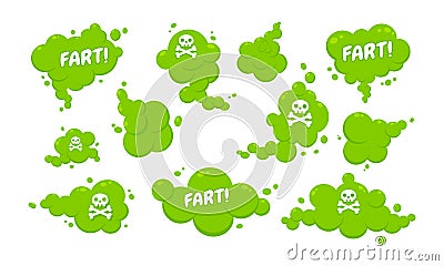 Smelling green cartoon fart cloud flat style design vector illustration with text fart set. Vector Illustration