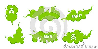 Smelling green cartoon fart cloud flat style design vector illustration with text fart set. Vector Illustration