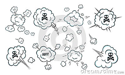 Smelling pop art comic book cartoon fart cloud flat style design vector illustration set. Vector Illustration