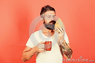 Smells good. Fresh baked croissant. Delicious breakfast. Unhealthy but yummy breakfast. Perfect match. feel hunger Stock Photo