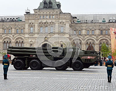 The Smerch multiple rocket fire system on Red Square during the rehearsal of the Victory Parade. Editorial Stock Photo