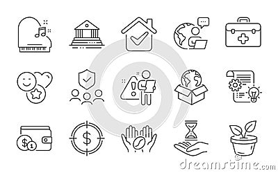 Smile, Buying accessory and Cogwheel icons set. First aid, Leaves and Piano signs. Vector Vector Illustration