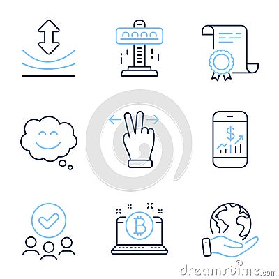 Smile chat, Bitcoin and Touchscreen gesture icons set. Attraction, Resilience and Mobile finance signs. Vector Vector Illustration
