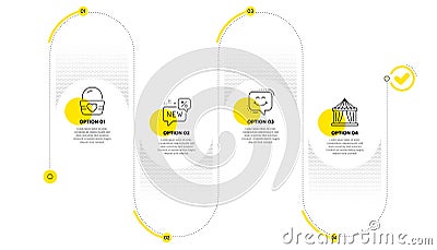 Smile chat, New and Ice cream icons set. Circus tent sign. Happy face, Discount, Sundae cup. Attraction park. Vector Vector Illustration