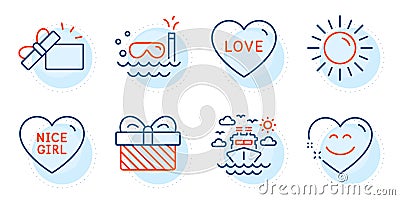 Smile chat, Scuba diving and Sun icons set. Nice girl, Gift and Opened gift signs. Ship travel, Love symbols. Vector Vector Illustration