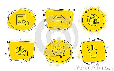Pie chart, Teamwork and Document icons set. Smile chat, Sync and Touchscreen gesture signs. Vector Vector Illustration