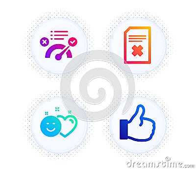 Smile, Delete file and Correct answer icons set. Like sign. Social media like, Remove document, Approved. Vector Vector Illustration