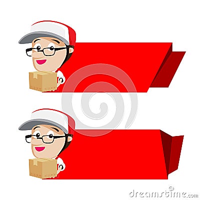 Smile delivery holding box packing with red banner, vector illus Vector Illustration