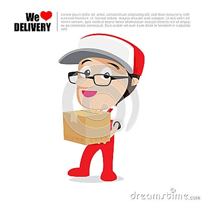 Smile delivery man handing the box, and package delivery cartoon Vector Illustration