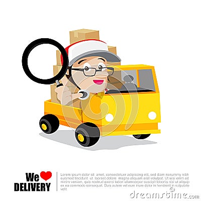 Smile delivery man with magnifier in hand, truck and package del Vector Illustration