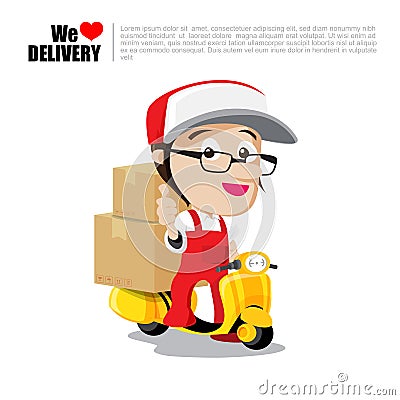 Smile delivery man on scooter, motorcycle and package delivery c Vector Illustration