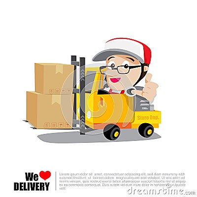 Smile delivery man thumb up on forklift truck , and package deli Vector Illustration