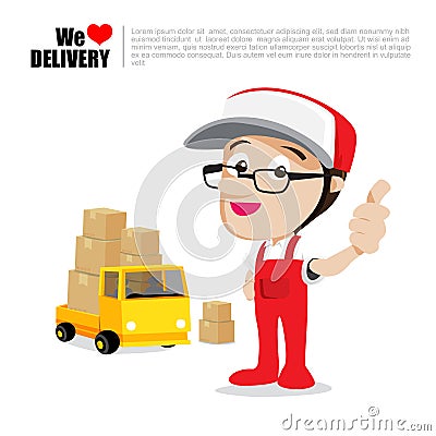 Smile delivery man thumb up on truck , and package delivery cart Vector Illustration