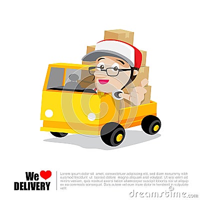 Smile delivery man thumb up on truck , and package delivery cart Vector Illustration