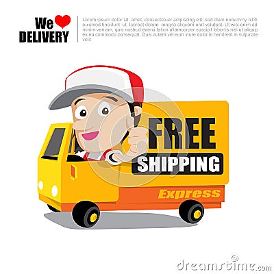 Smile delivery man thumb up on truck with text free shipping del Vector Illustration