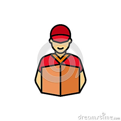 Smile delivery order courier with uniform and box icon. Vector illustration in cartoon style. Cartoon Illustration