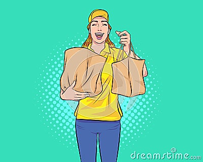 Smile Delivery woman employee courier holding paper packet with food Vector Illustration