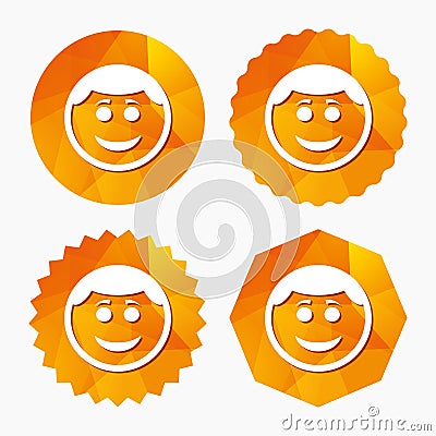 Smile face icon. Smiley with hairstyle symbol. Stock Photo