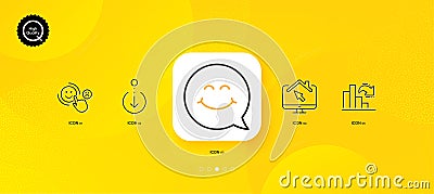 Smile face, Work home and Decreasing graph minimal line icons. For web application, printing. Vector Vector Illustration