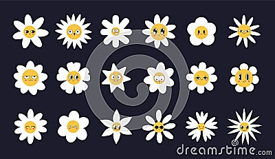 Smile flower face, happy daisy. Cute fun groovy characters, chamomile plant emoji, positive baby comic art. Happy 70s Vector Illustration