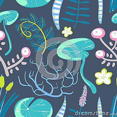 Smile green frog. Seamless pattern of swamp flowers, water lily and leaves. Floral composition. Vector Illustration