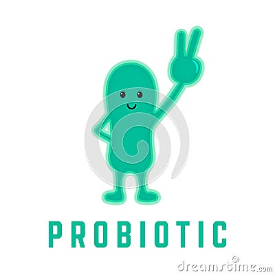 Smile green probiotics show hand gesture victory sign. Vector Vector Illustration