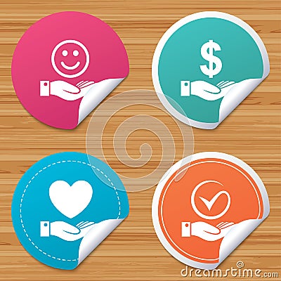 Smile and hand icon. Heart, Tick symbol. Vector Illustration