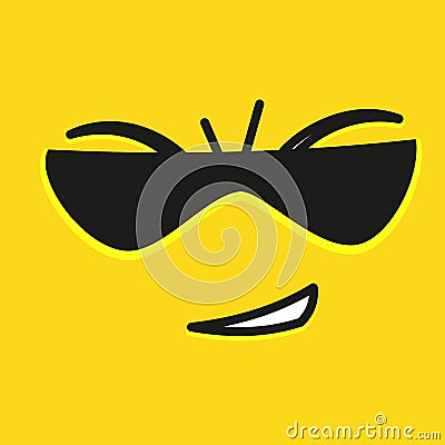 Smile icon template design with sunglasses. Smile emoticon vector logo on yellow background. Face line art style. Vector Illustration