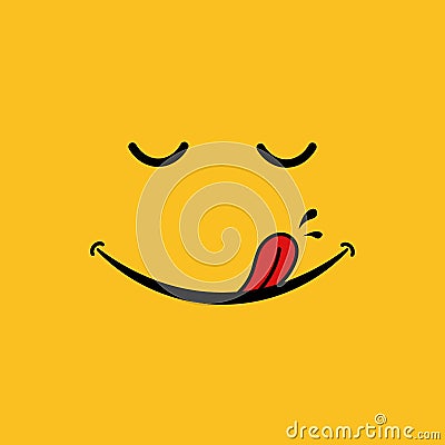 Smile icon on yellow background. Tasty food logo with funny face and tongue. Cartoon emoticon banner for print. Happy smiley line Vector Illustration