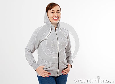 Smile middle aged woman in gray pullover hoodie mockup Stock Photo
