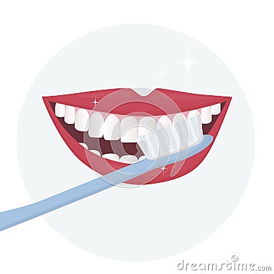 The smile of a person with his mouth wide open and white healthy teeth with a toothbrush. How to brush your teeth properly. Daily Vector Illustration