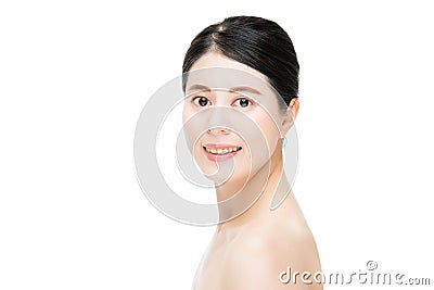smile pretty asian woman with beauty makeup face, white background Stock Photo