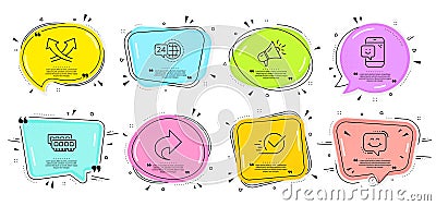 Smile, Ram and Megaphone icons set. Intersection arrows, 24h service and Checkbox signs. Vector Vector Illustration