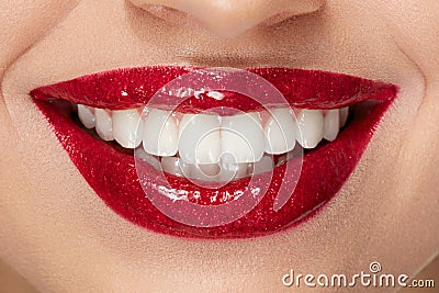 Smile With Red Lips And White Teeth Stock Photo