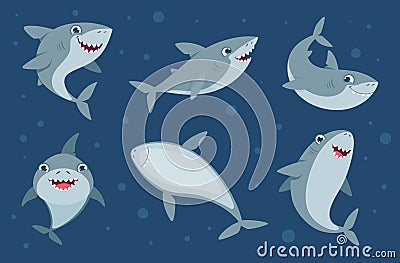 Smile shark. Cartoon cute ocean swimming wild animal funny underwater mascots in various dynamic poses exact vector Vector Illustration