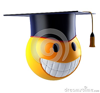 Smile sphere emoticon with graduation student cap. Stock Photo