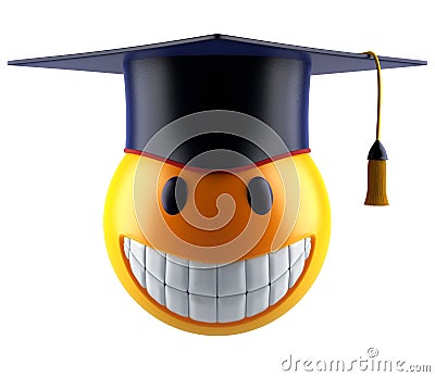 Smile sphere emoticon with graduation student cap. Stock Photo