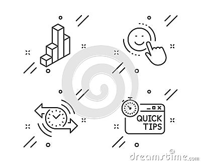 Smile, Timer and 3d chart icons set. Quick tips sign. Positive feedback, Stopwatch, Presentation column. Vector Vector Illustration